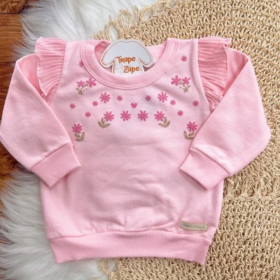 Conj. Casaco Floral de Moletom com Babadinhos e Calça Ribana Flare - Rosa